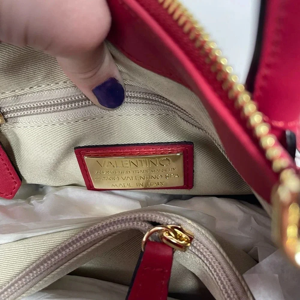 Mario Valentino Ally Leather Embossed Satchel Crossbody Bag Lipstick‎ Red